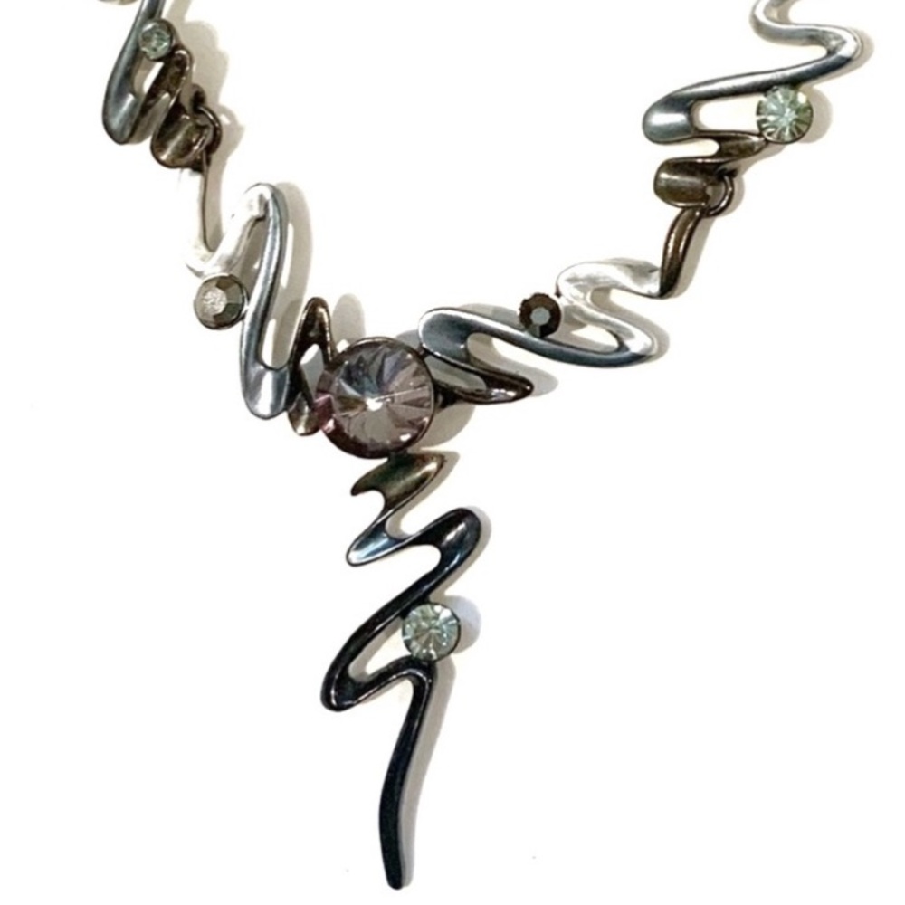 Abstract Rhinestone Black Silver Grey Zigzag Necklace Sparkly Unique Swirl Shine